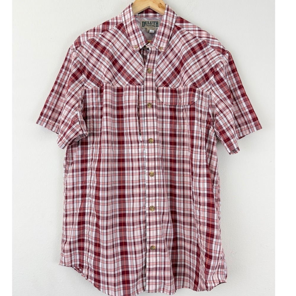 Duluth Trading Co Hidden Zip Large Red Plaid Short Sleeve Ventilated BBQ Shirt